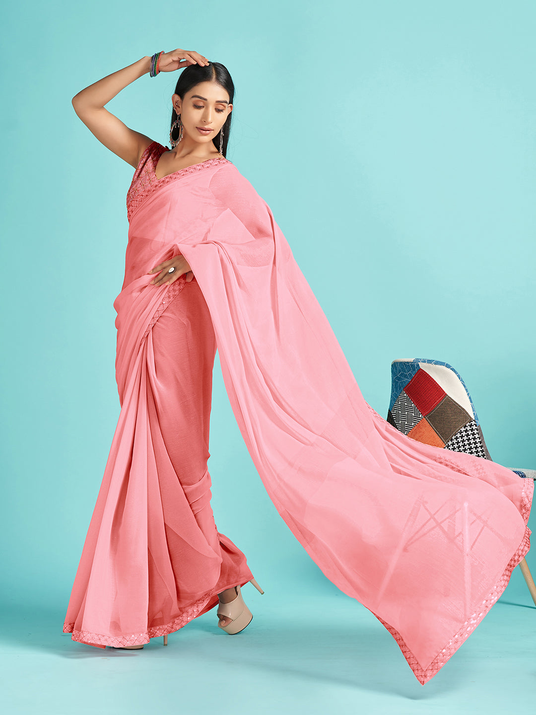 Chiffon Pink Embellished Designer Saree With Blouse
