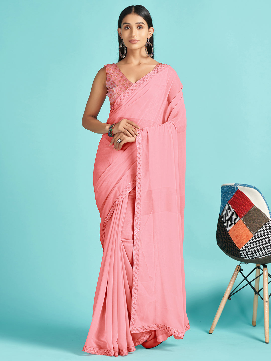 Chiffon Pink Embellished Designer Saree With Blouse