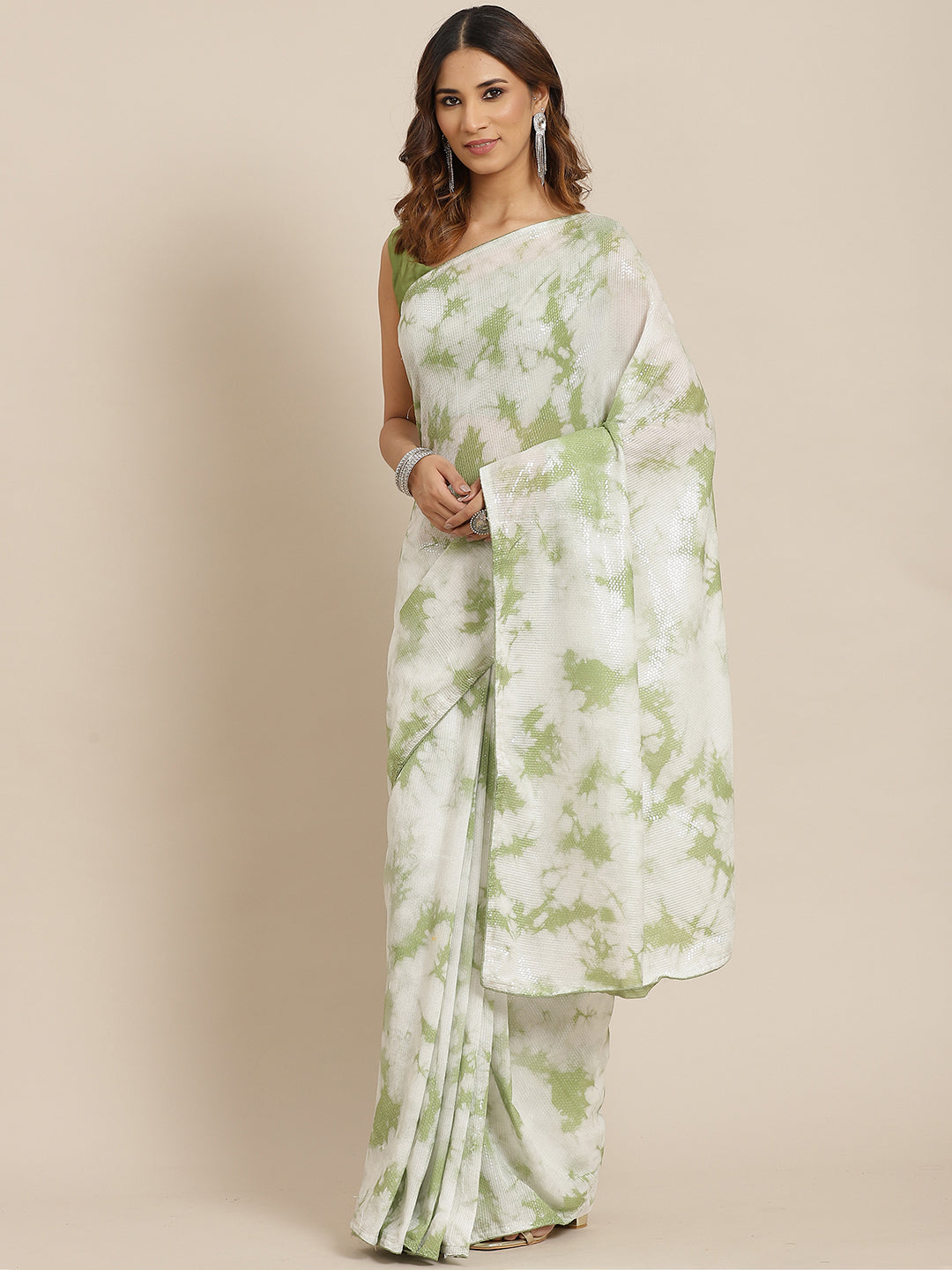 Silk Blend Olive Embellished Celebrity Saree With Blouse