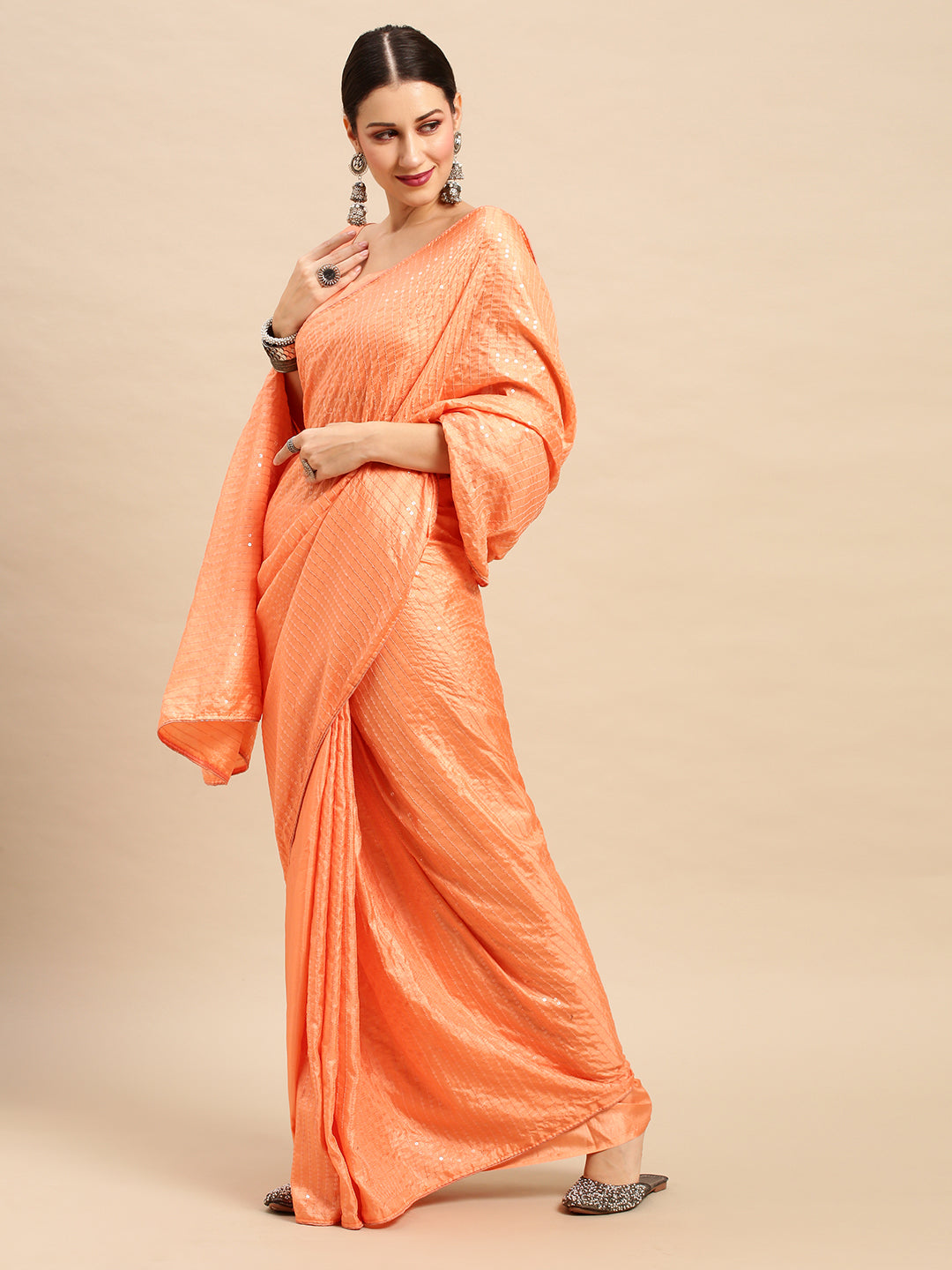 Dola Silk Peach Embellished Designer Saree With Blouse