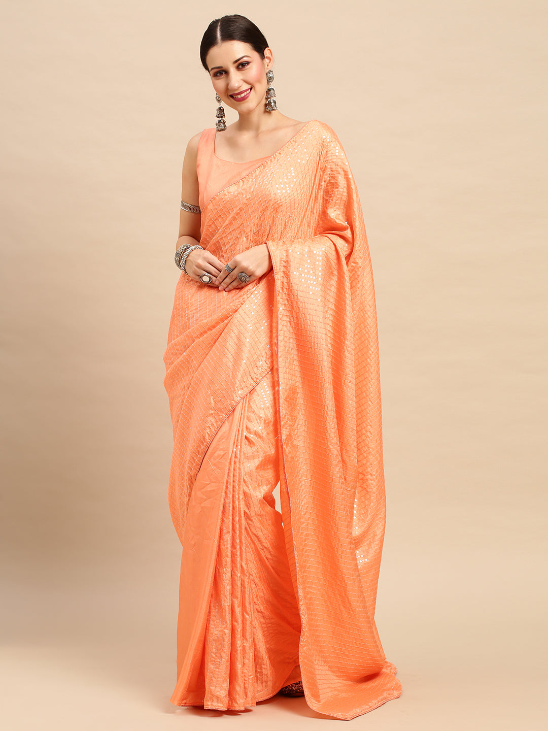 Dola Silk Peach Embellished Designer Saree With Blouse