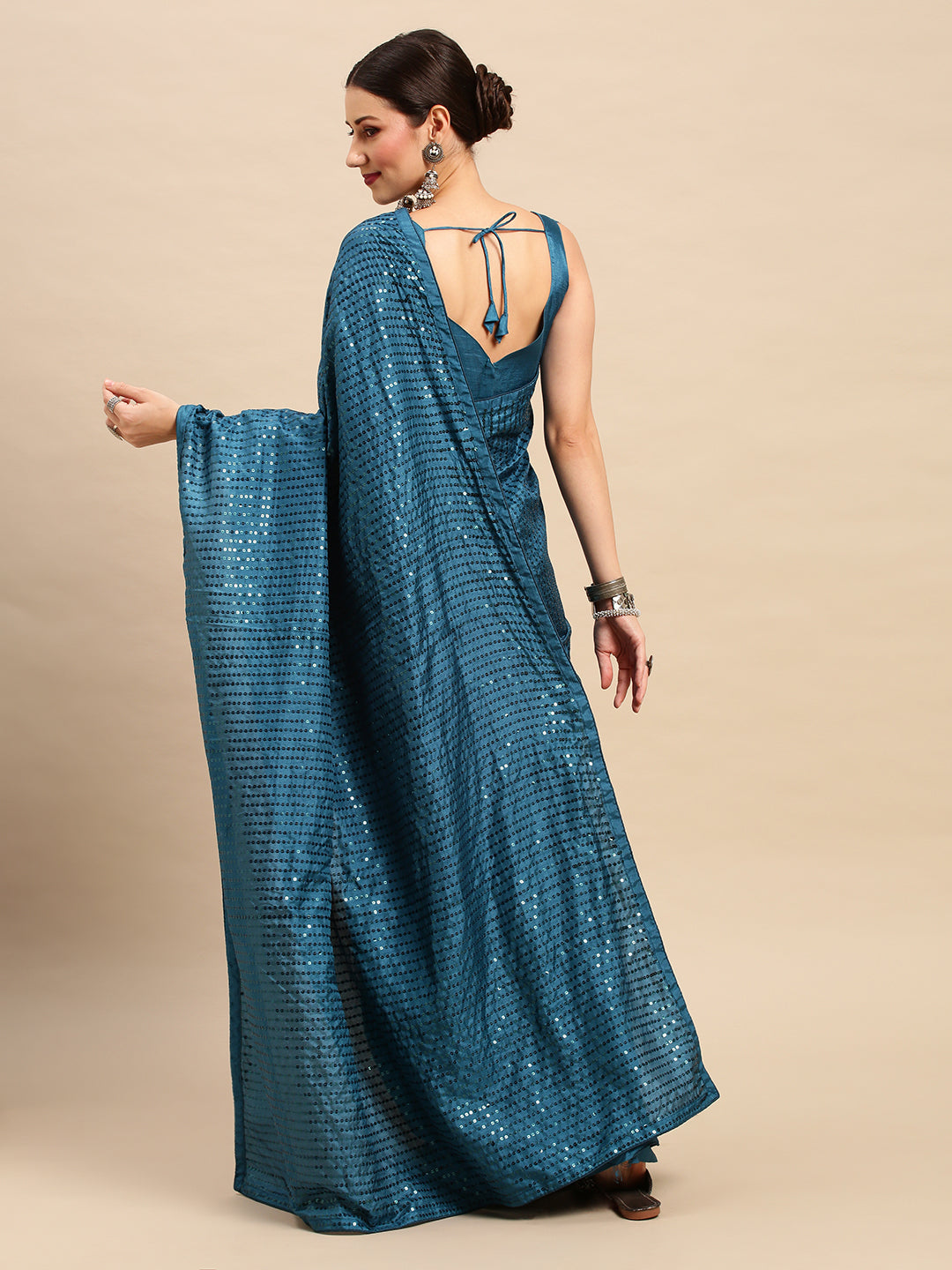 Dola Silk Teal blue Embellished Designer Saree With Blouse