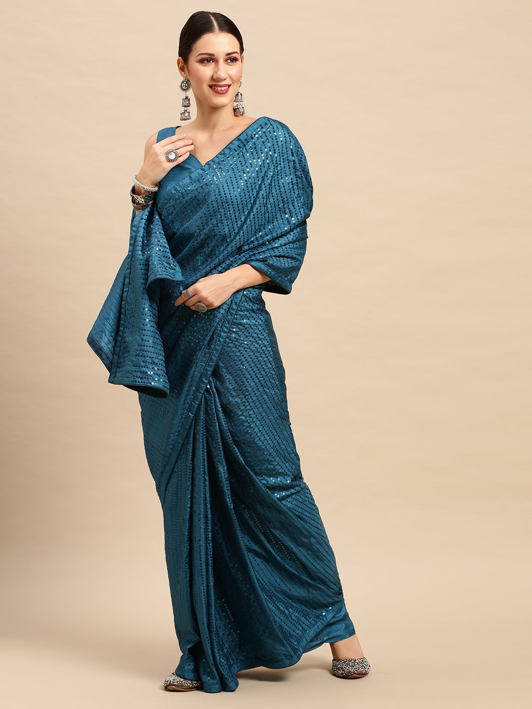 Dola Silk Teal blue Embellished Designer Saree With Blouse