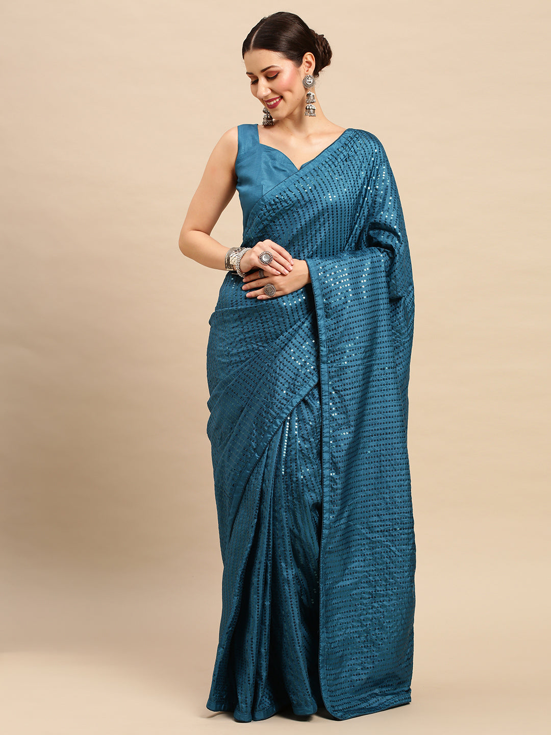 Dola Silk Teal blue Embellished Designer Saree With Blouse