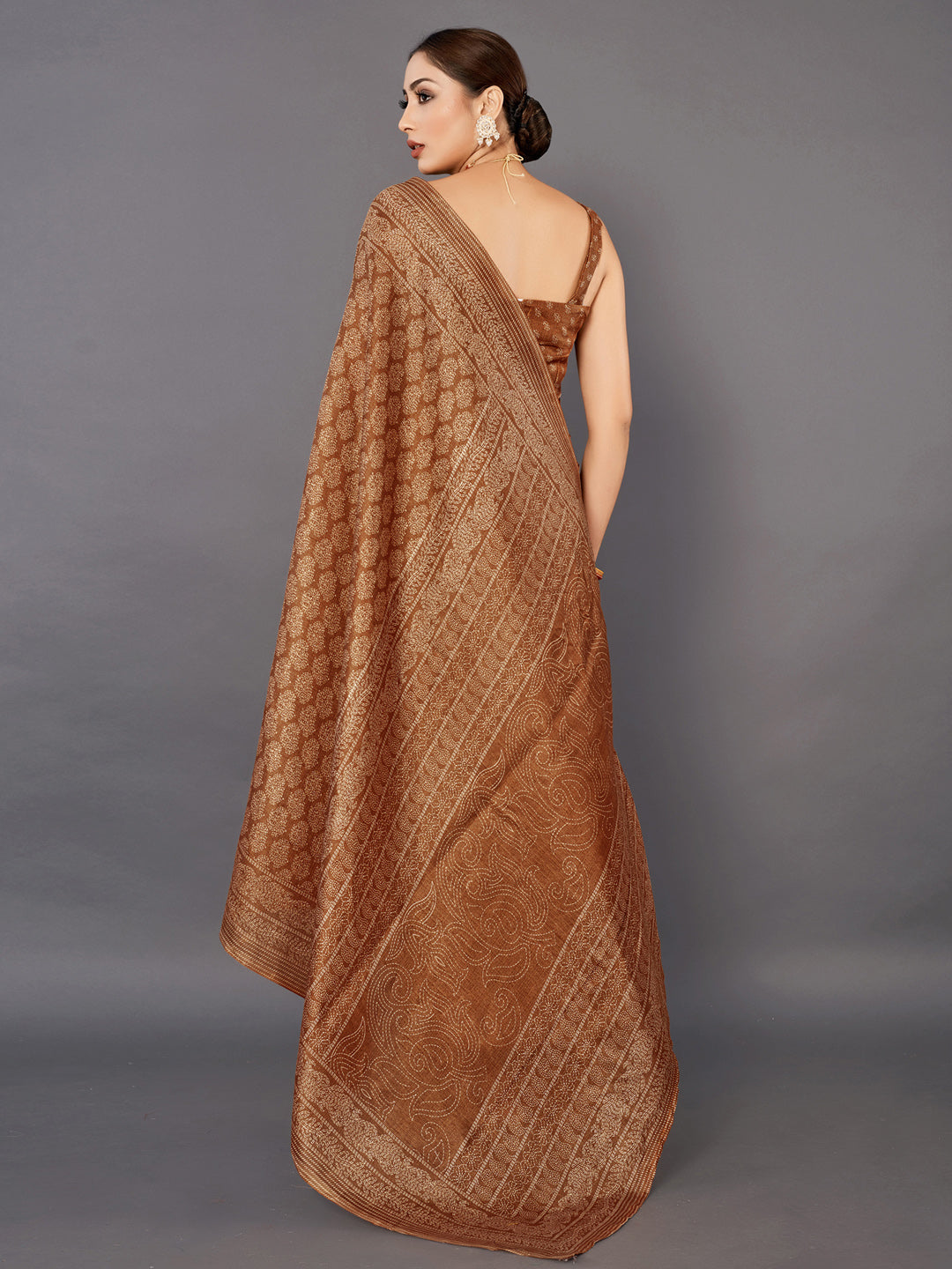 Bhagalpuri Silk Brown Printed Celebrity Saree With Blouse