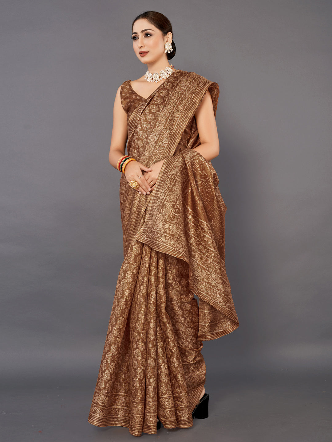 Bhagalpuri Silk Brown Printed Celebrity Saree With Blouse