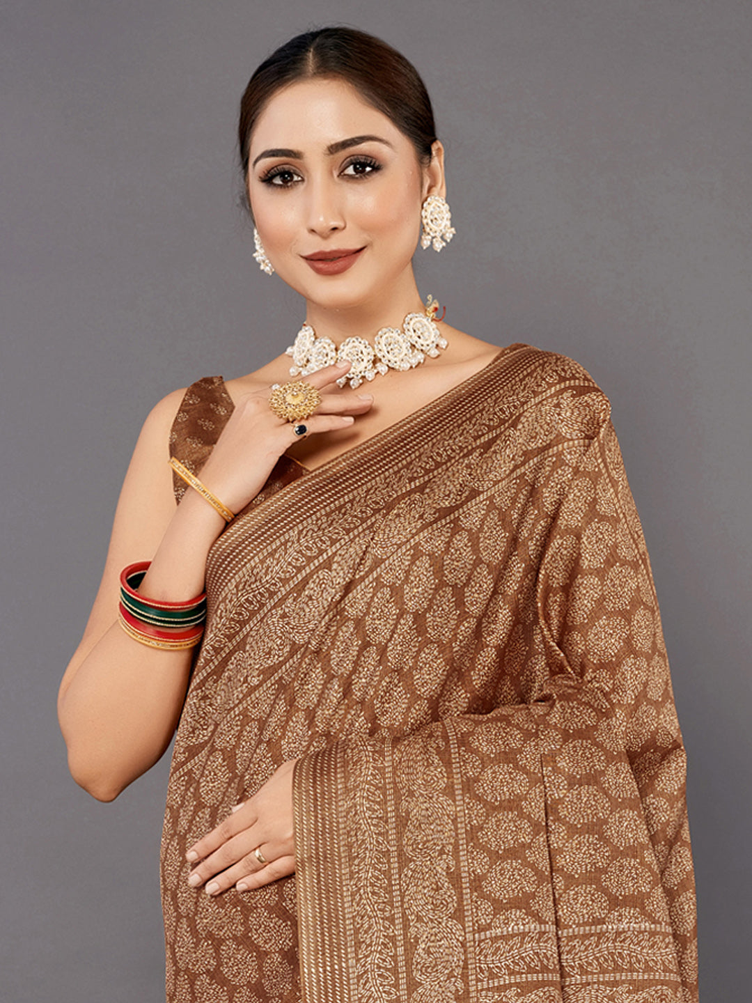 Bhagalpuri Silk Brown Printed Celebrity Saree With Blouse