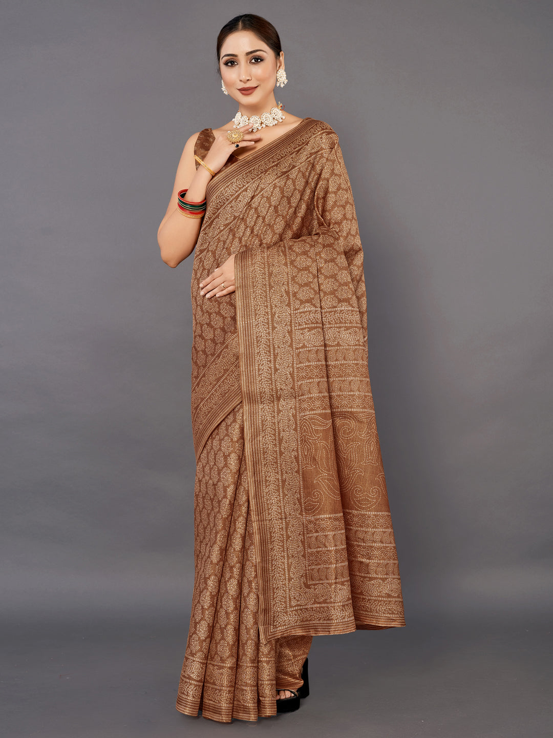 Bhagalpuri Silk Brown Printed Celebrity Saree With Blouse