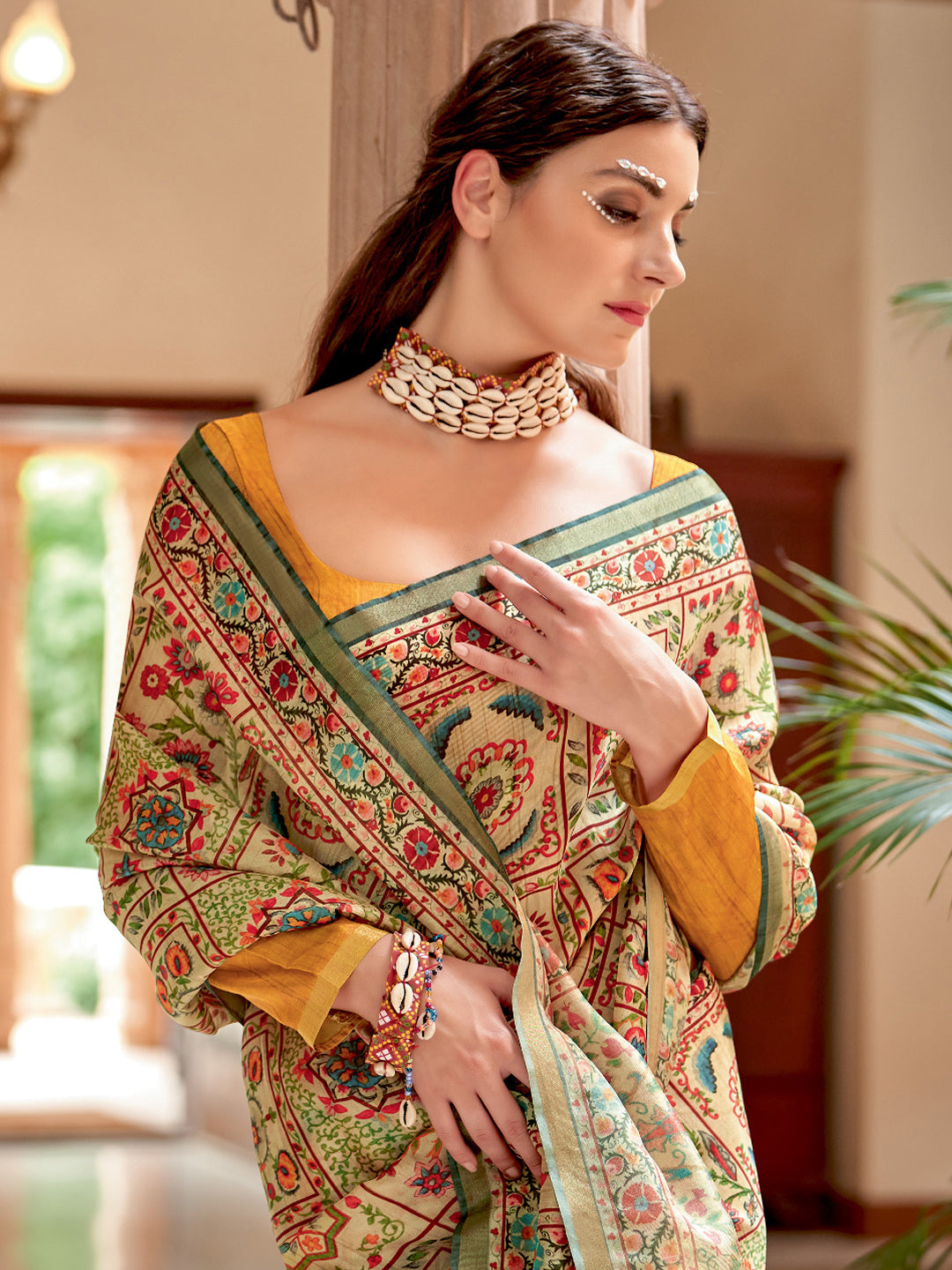Soft Silk Beige Printed Designer Saree With Blouse