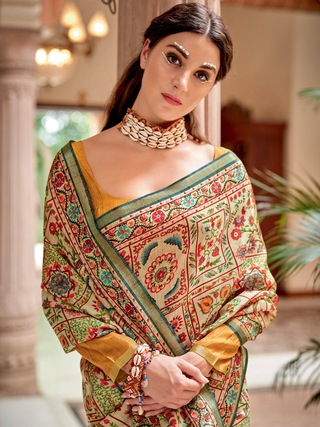 Soft Silk Beige Printed Designer Saree With Blouse