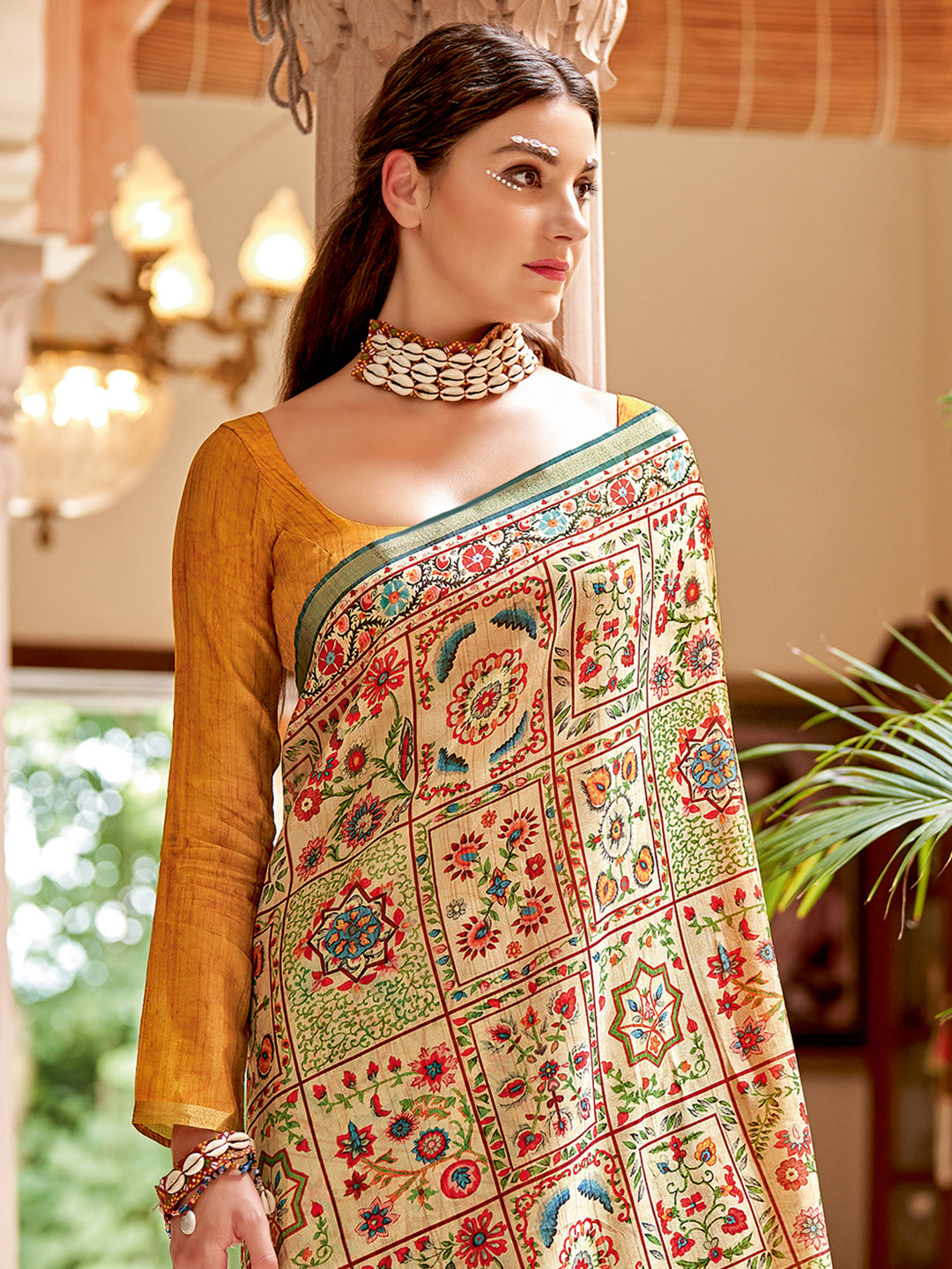 Soft Silk Beige Printed Designer Saree With Blouse
