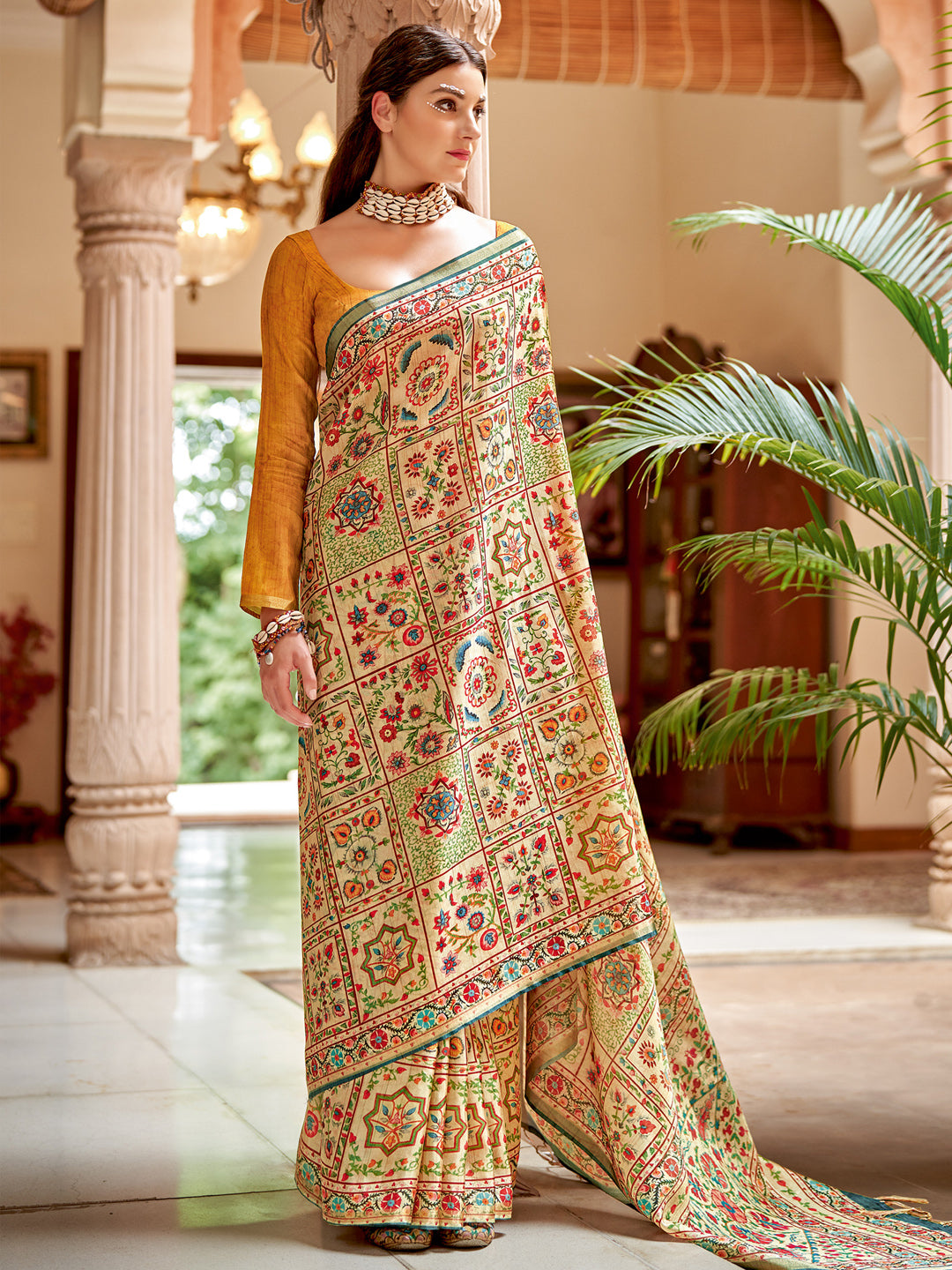 Soft Silk Beige Printed Designer Saree With Blouse