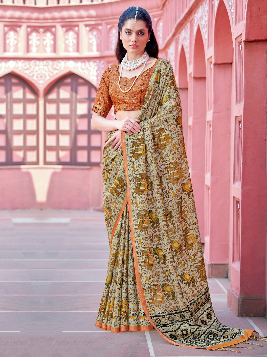 Banarasi Silk Beige Printed Designer Saree With Blouse