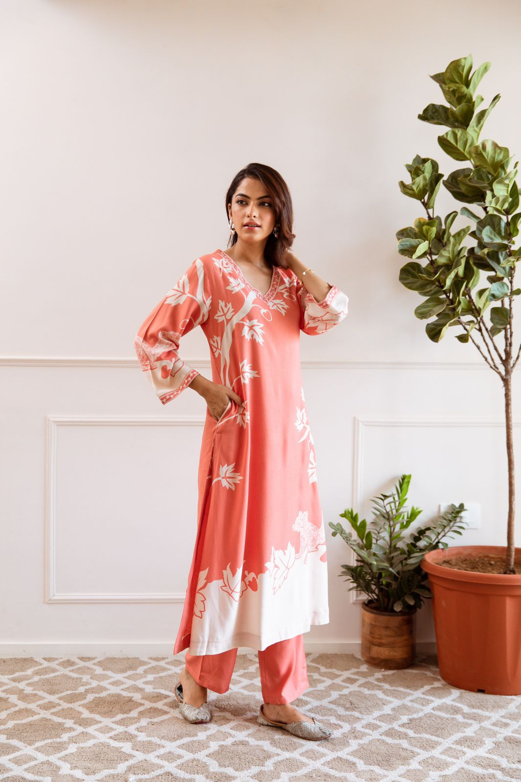 Jagdeep Salmon Printed Kurta Pant Set- AL