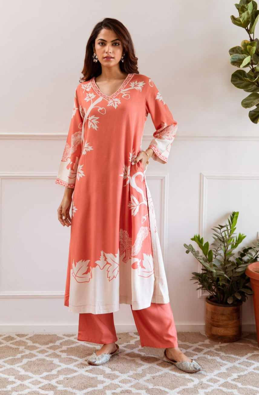 Jagdeep Salmon Printed Kurta Pant Set- AL