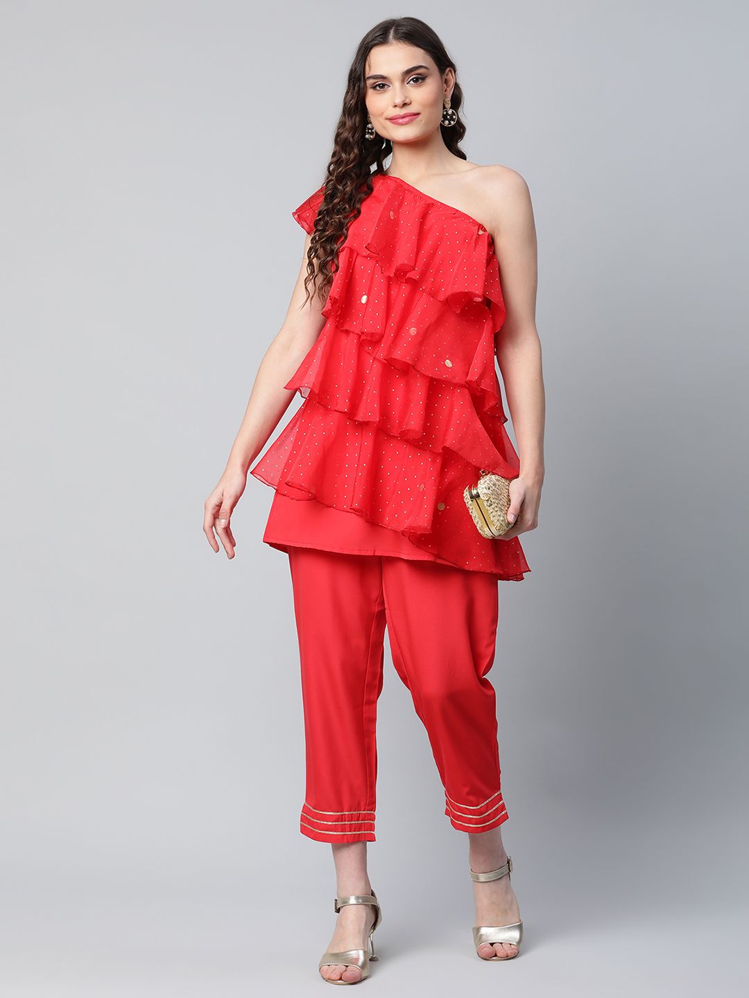 Red Printed Layered Organza Top with Trousers
