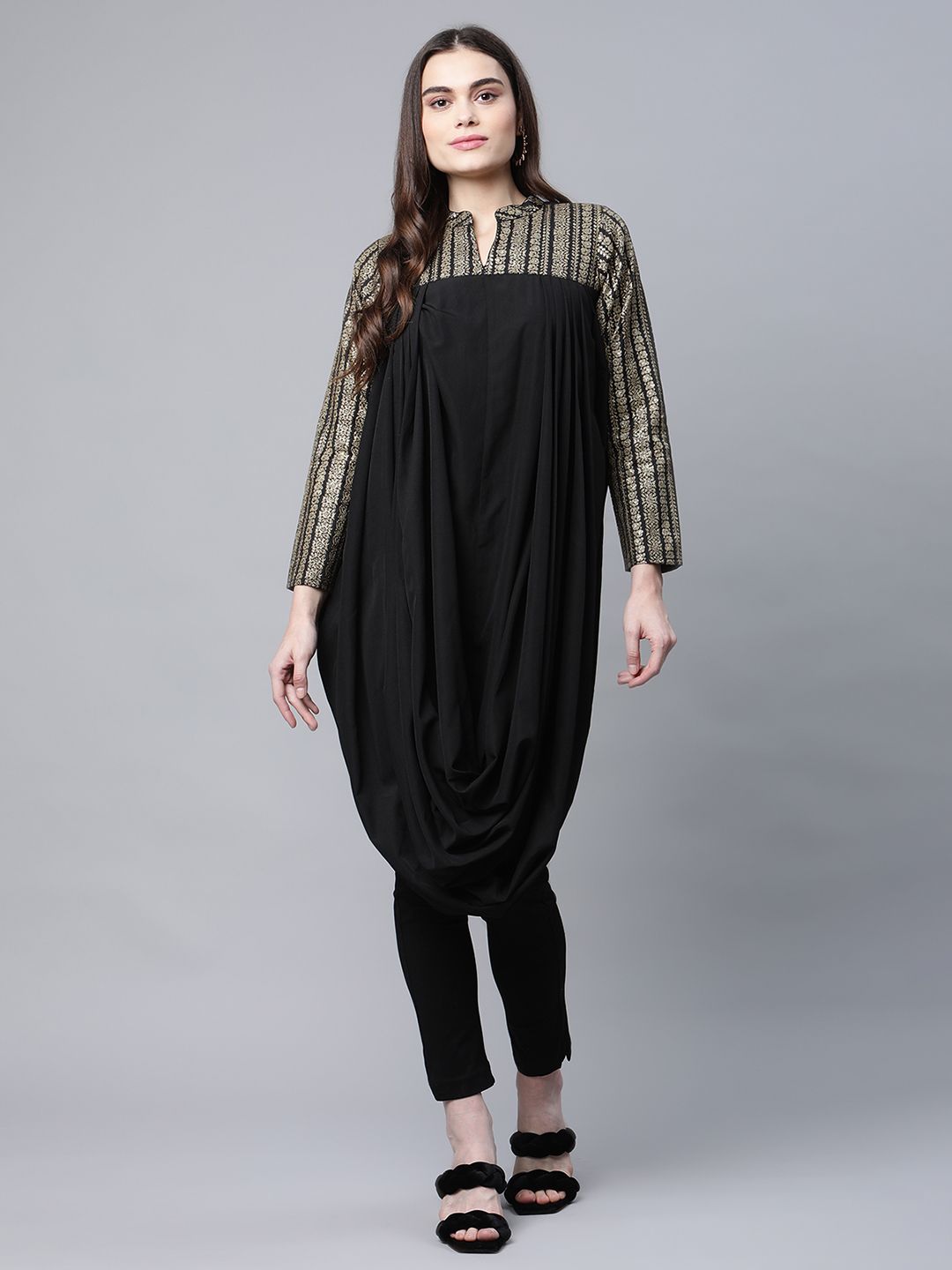 Black & Gold Print Cowl Style Kurta