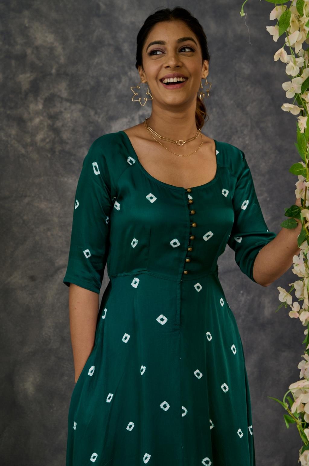 Green Bandhani Modal Satin Fit & Flare Dress
