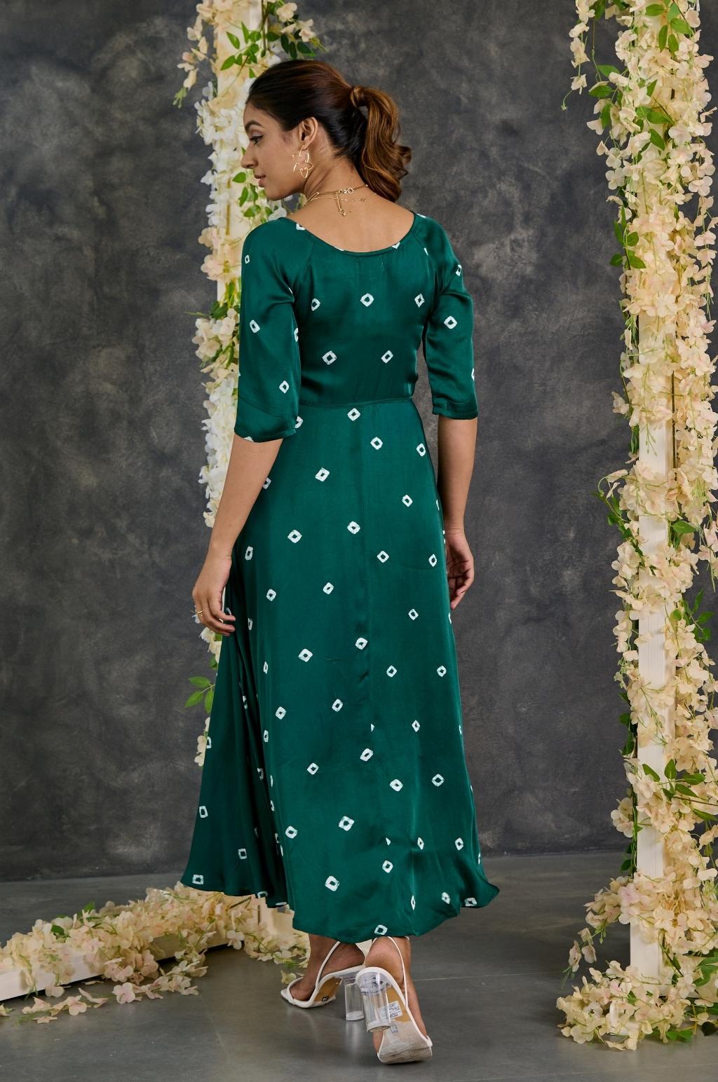 Green Bandhani Modal Satin Fit & Flare Dress