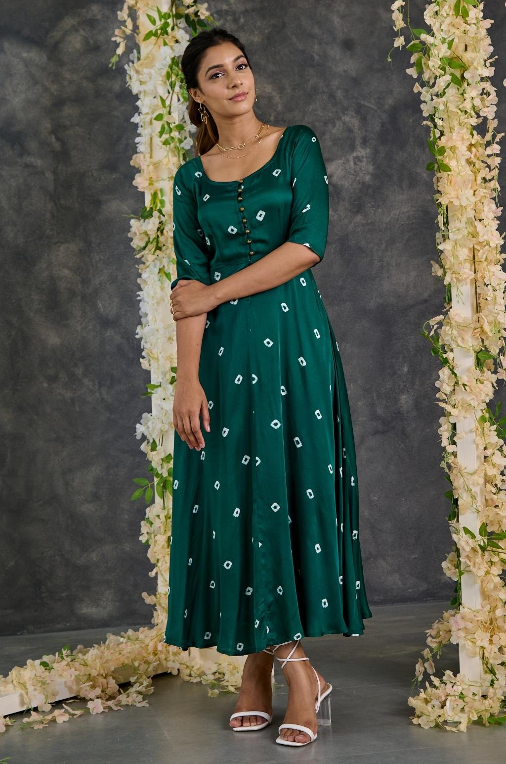 Green Bandhani Modal Satin Fit & Flare Dress