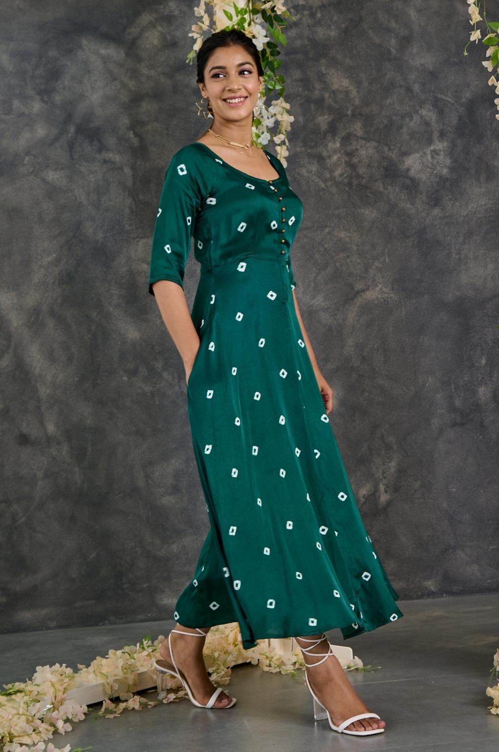 Green Bandhani Modal Satin Fit & Flare Dress