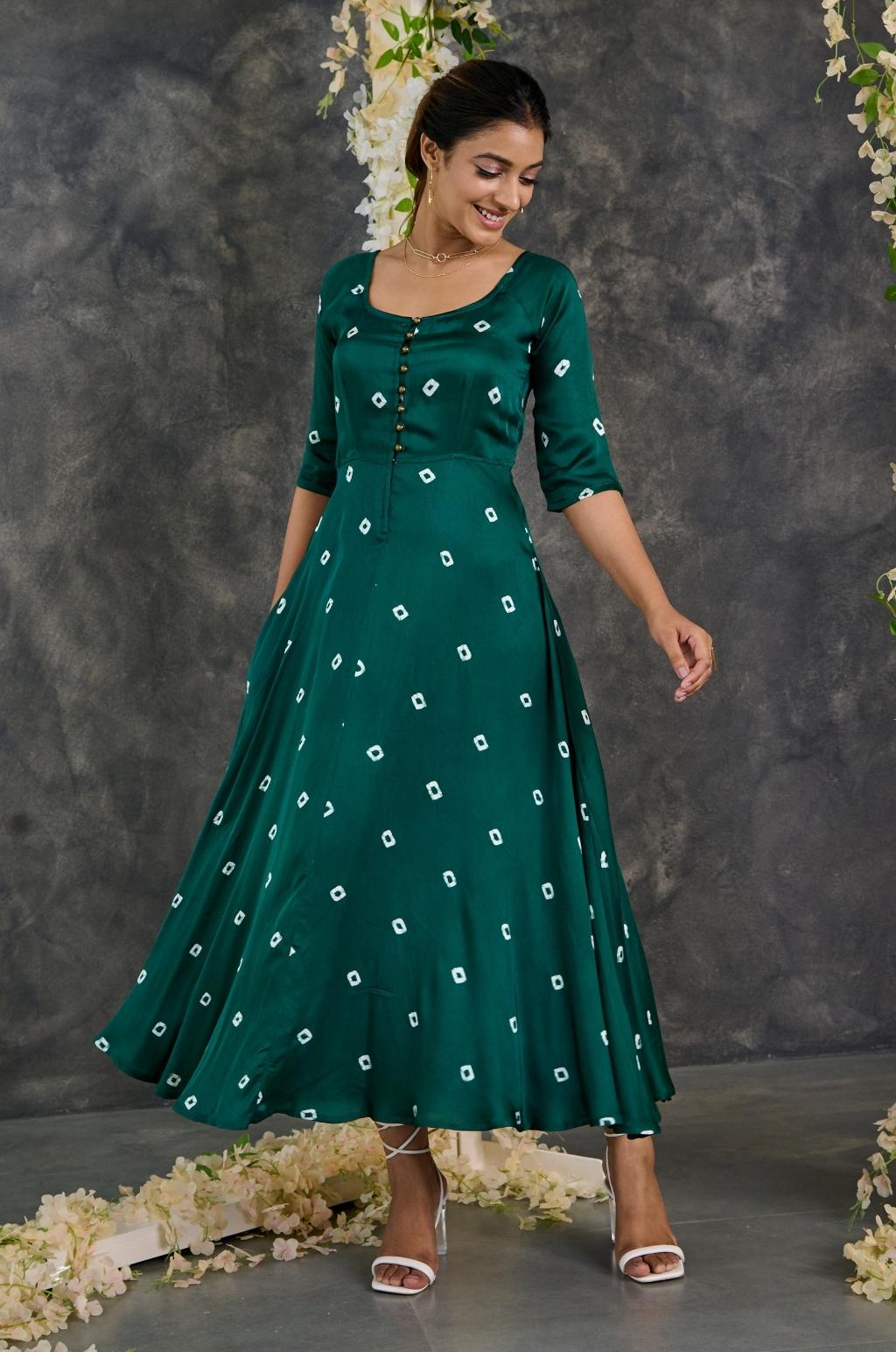 Green Bandhani Modal Satin Fit & Flare Dress