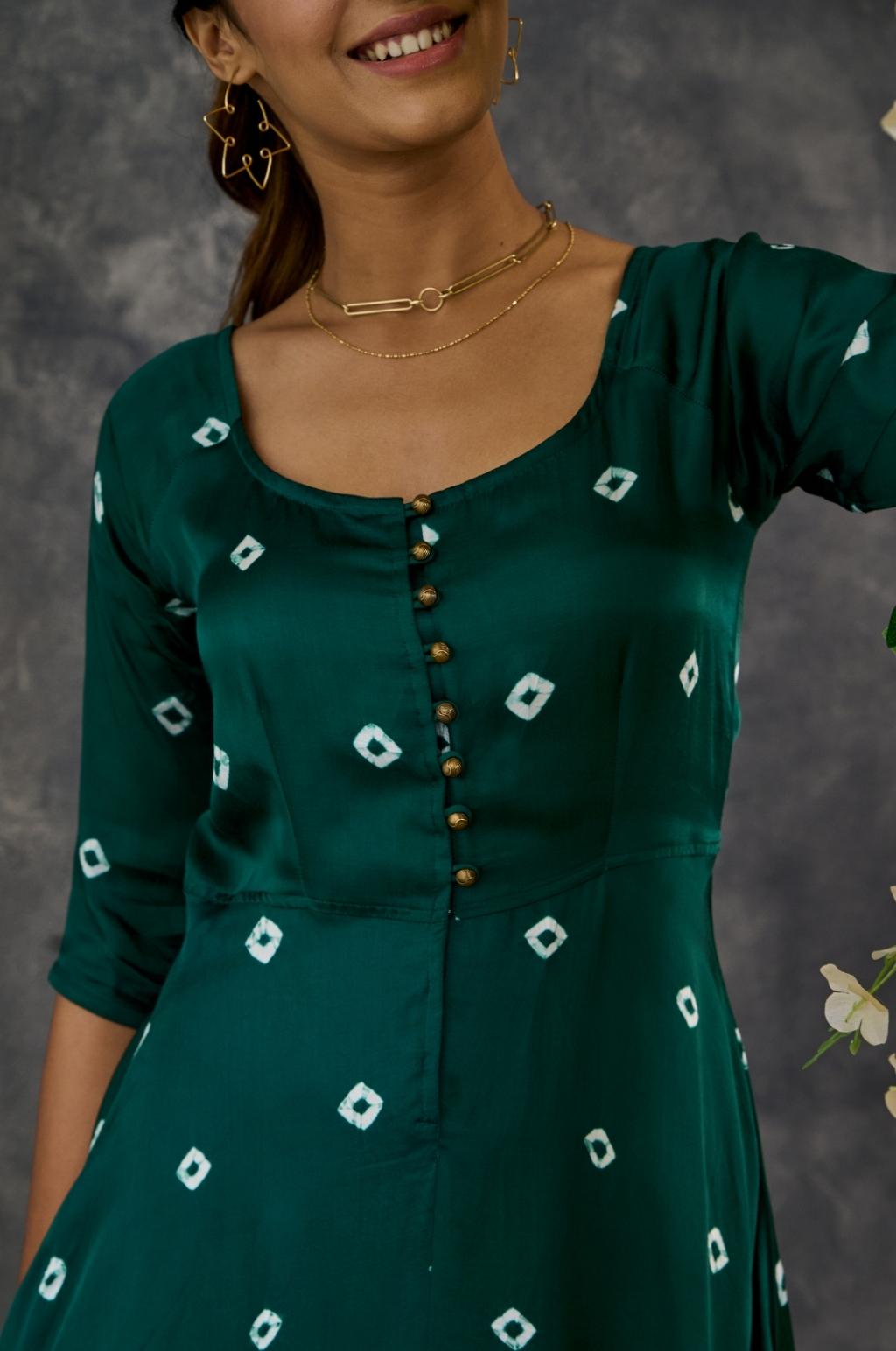 Green Bandhani Modal Satin Fit & Flare Dress