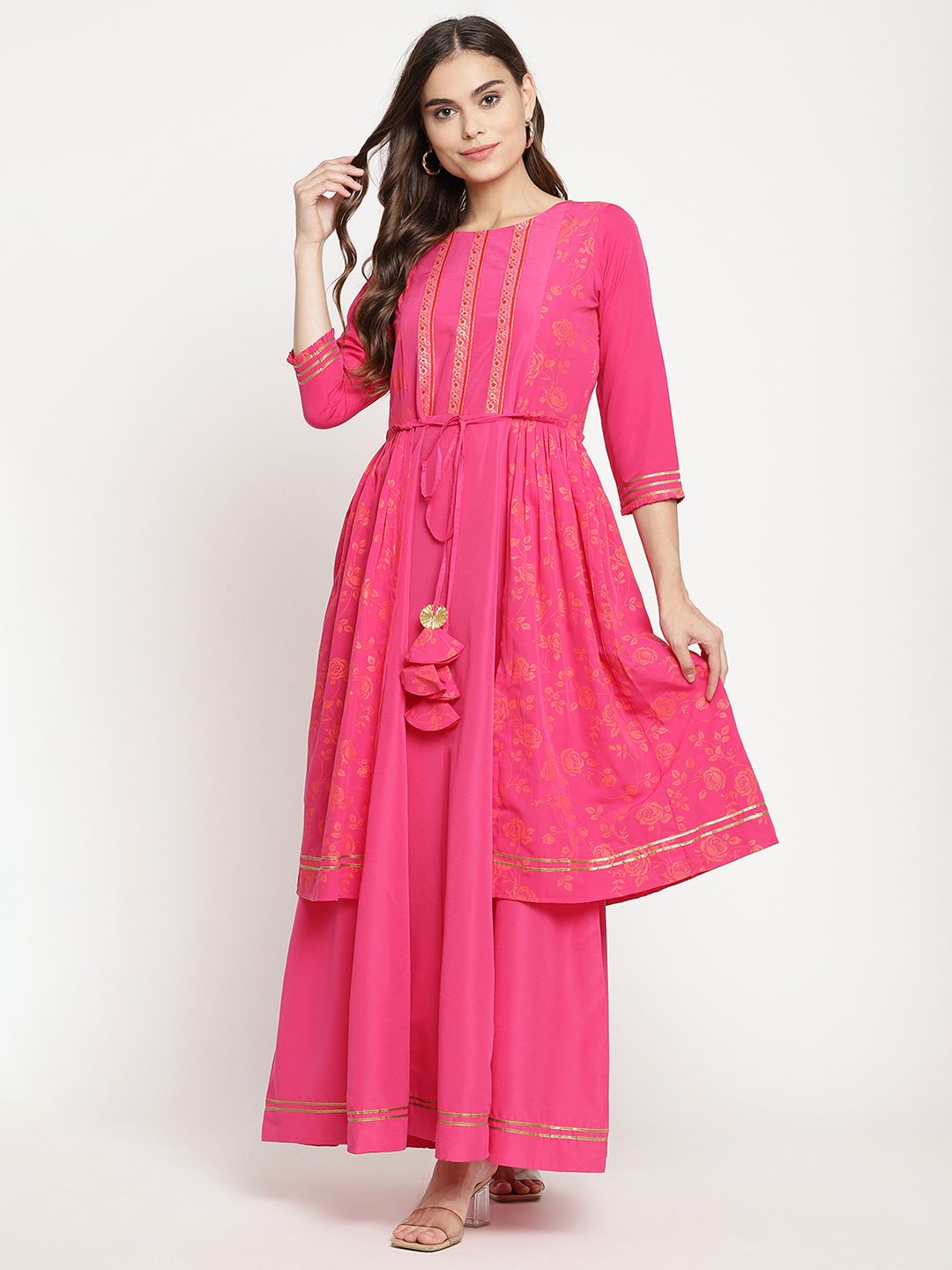 Dark Pink Printed Layered Tie- Ups Dress