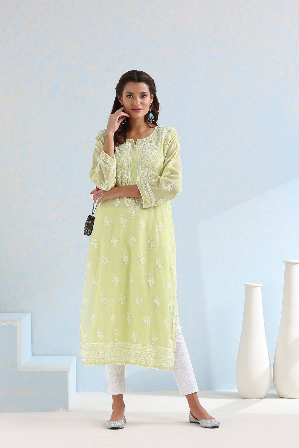 Liril Green Chikankari Mul Cotton Designer Kurta with Slip - Set of 2