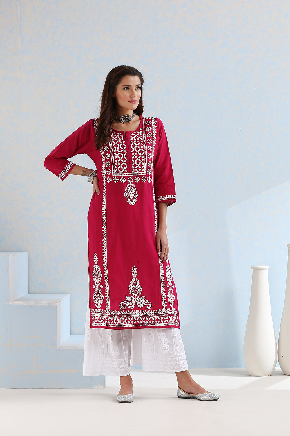Rani Pink Chikankari Handloom Kurta
