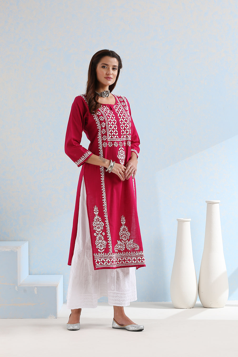 Rani Pink Chikankari Handloom Kurta