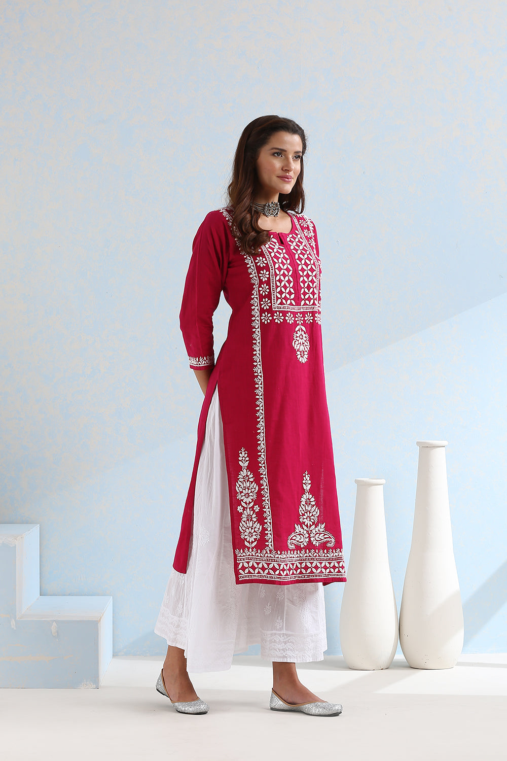 Rani Pink Chikankari Handloom Kurta