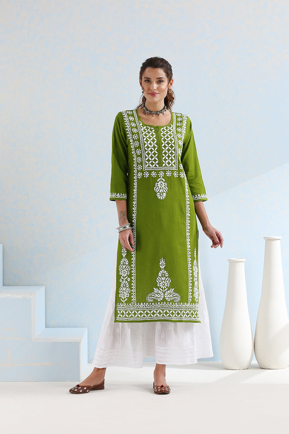 Mehndi Green Chikankari Handloom Kurta
