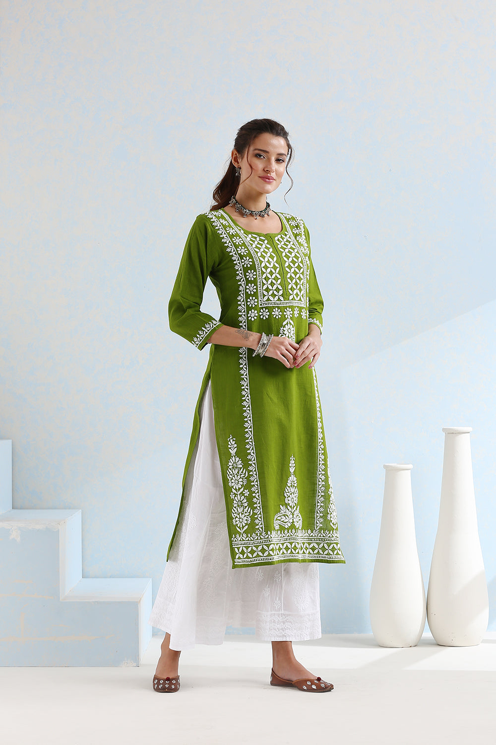 Mehndi Green Chikankari Handloom Kurta