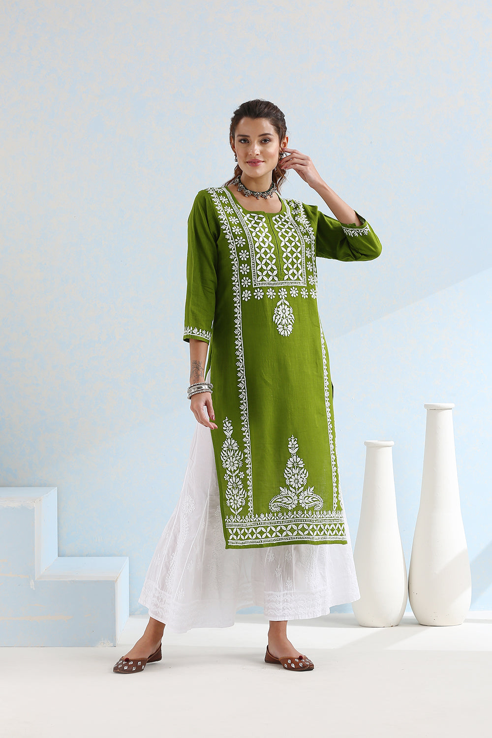 Mehndi Green Chikankari Handloom Kurta