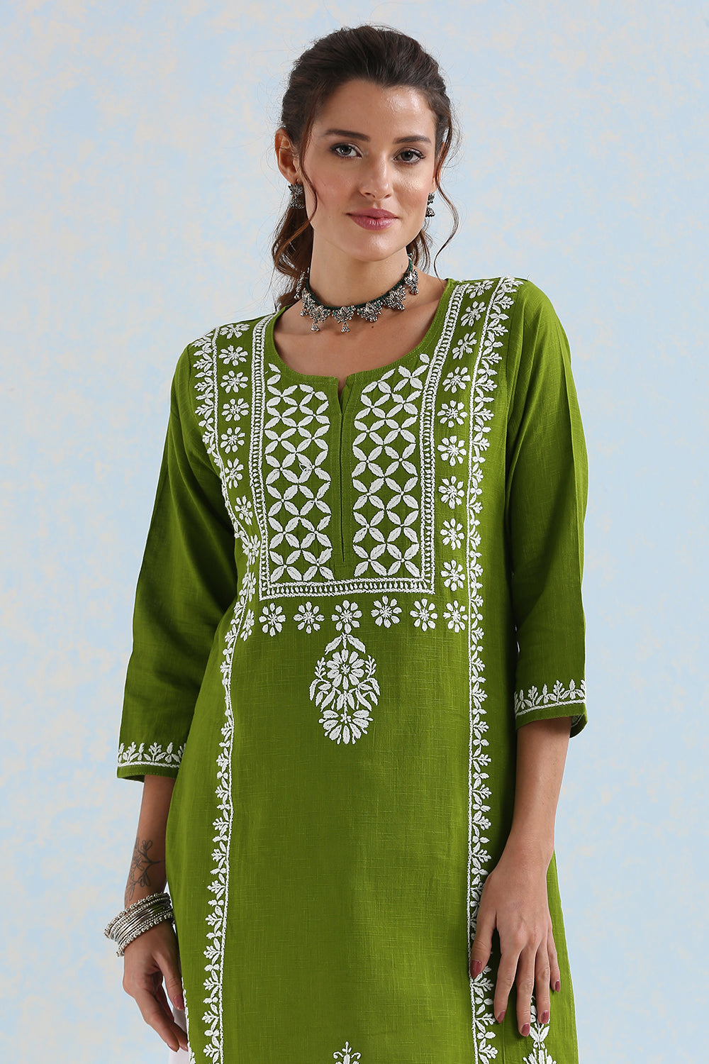 Mehndi Green Chikankari Handloom Kurta