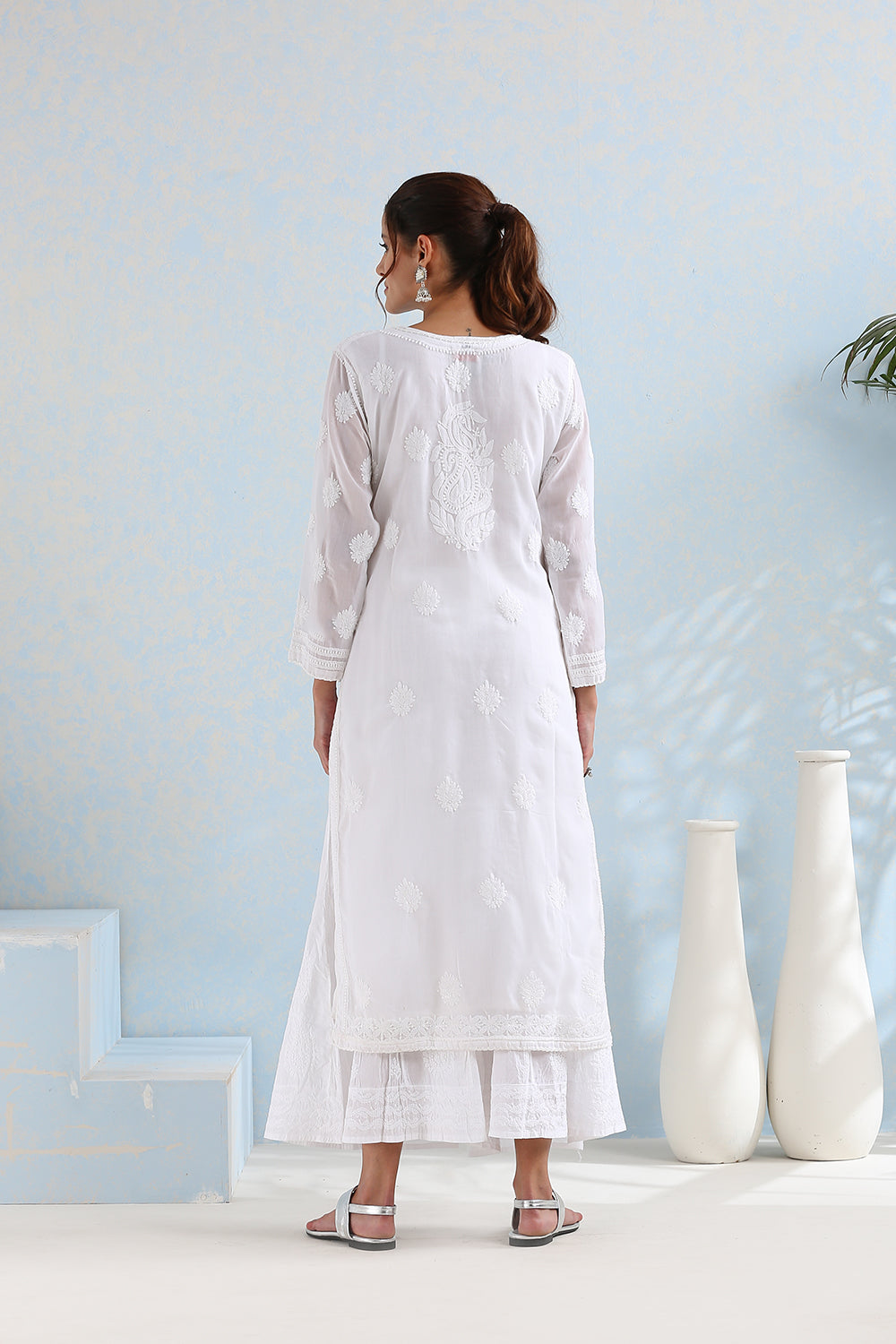 White Chikankari Mul Cotton Hand Embroidered Kurta with Slip - Set of 2