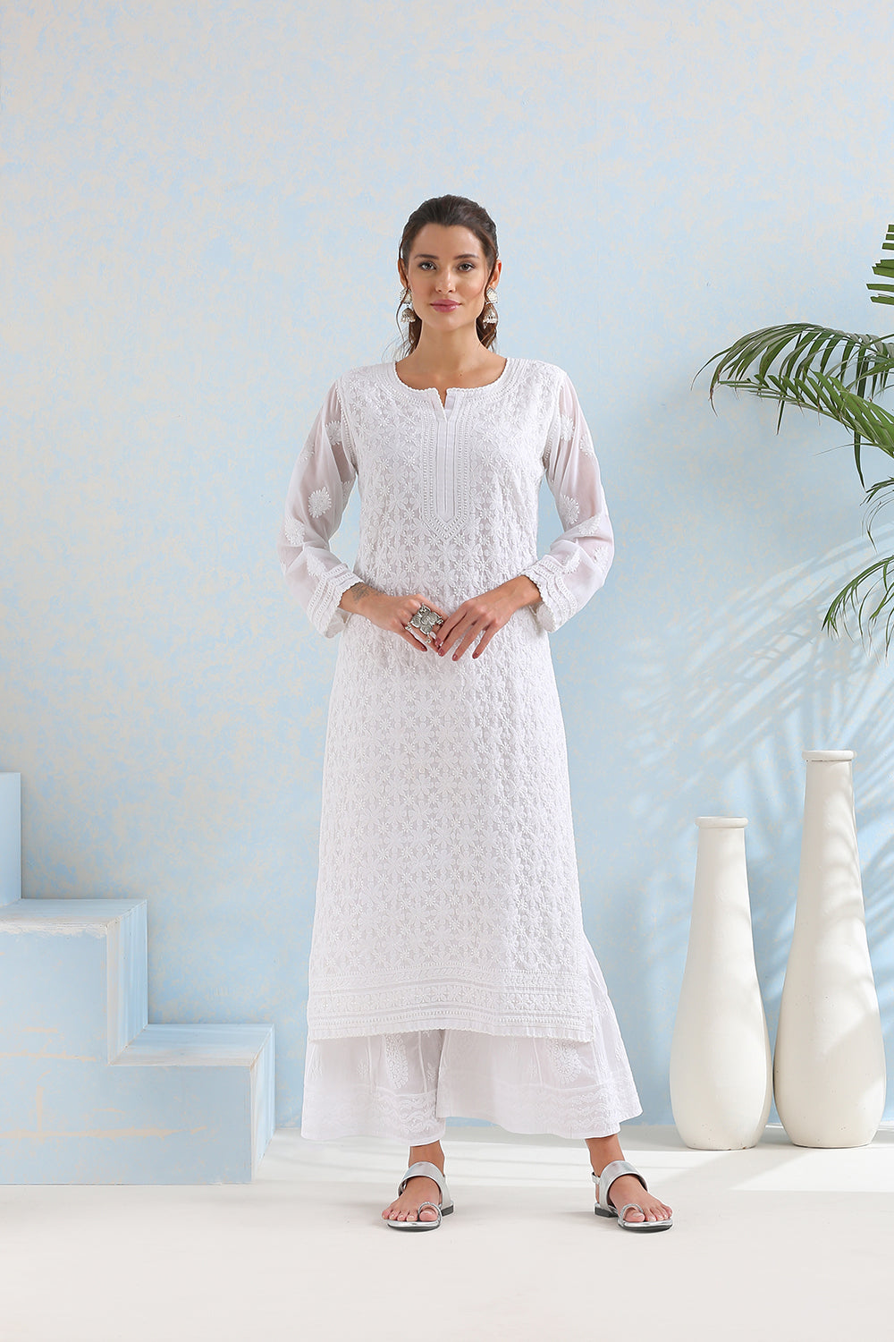 White Chikankari Mul Cotton Hand Embroidered Kurta with Slip - Set of 2