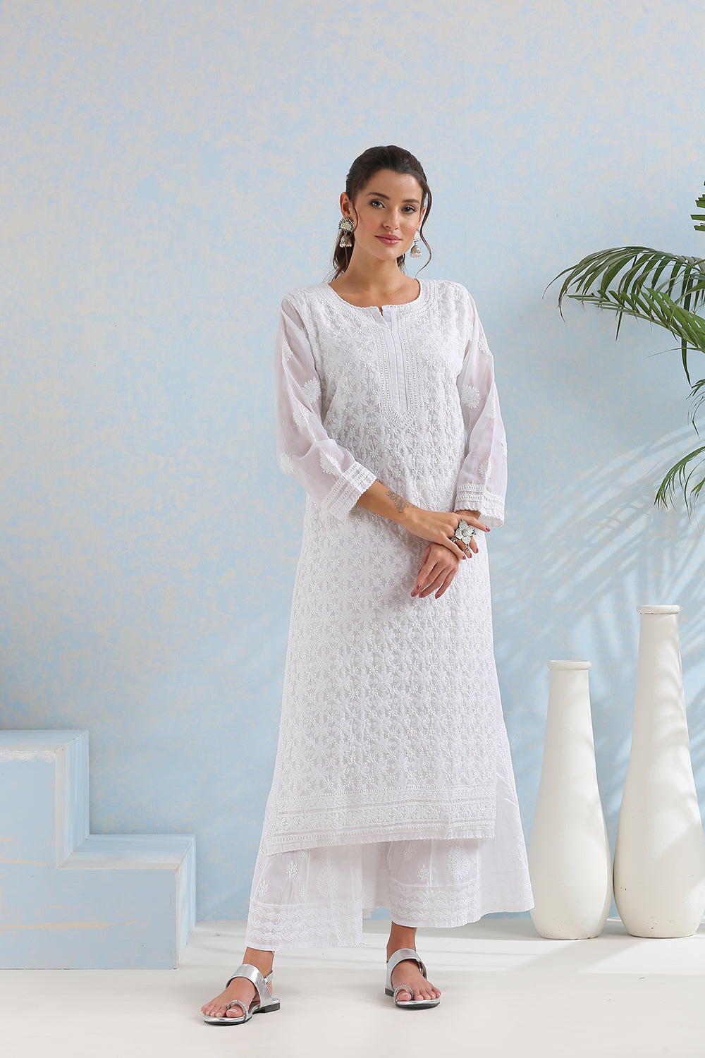 White Chikankari Mul Cotton Hand Embroidered Kurta with Slip - Set of 2