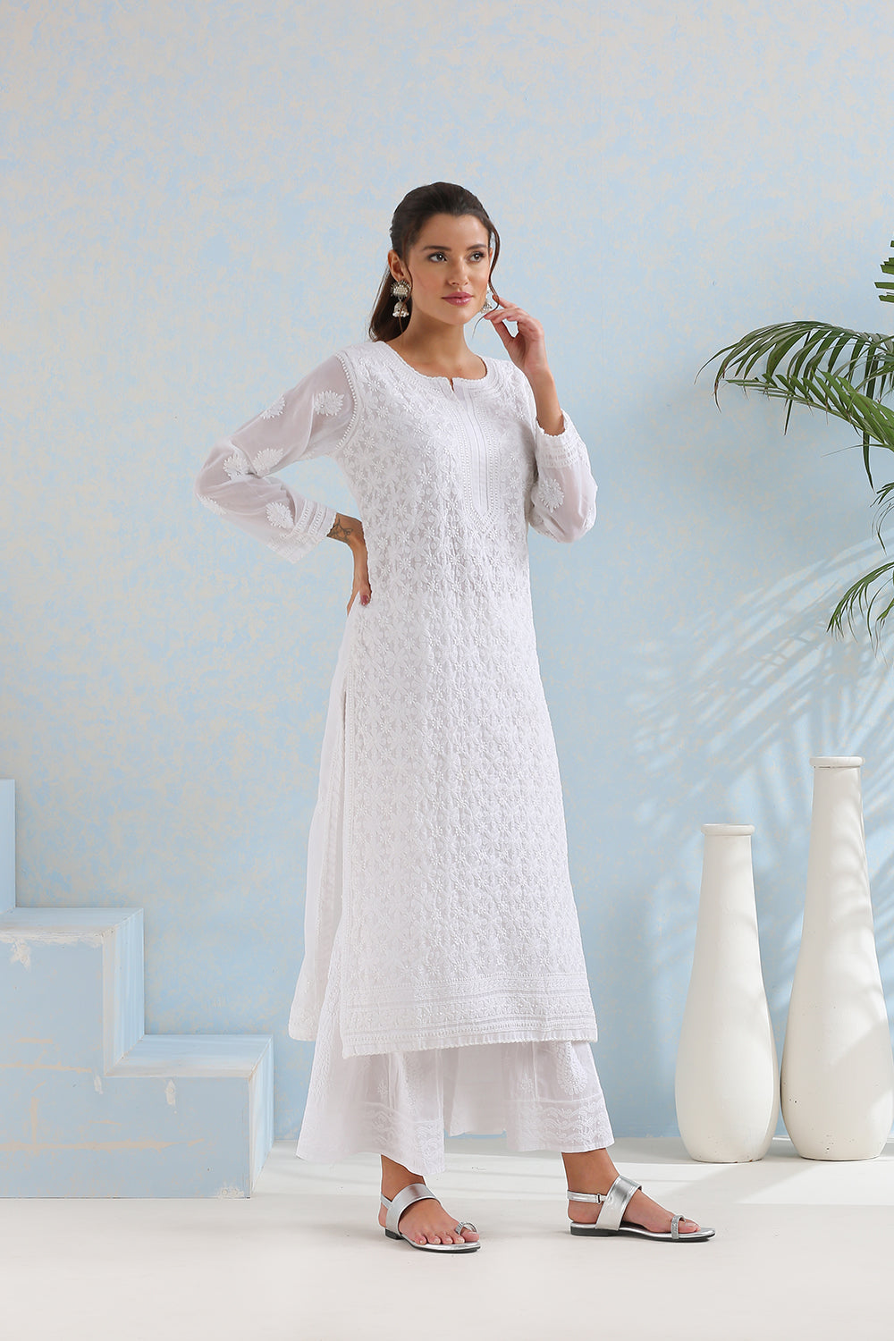 White Chikankari Mul Cotton Hand Embroidered Kurta with Slip - Set of 2