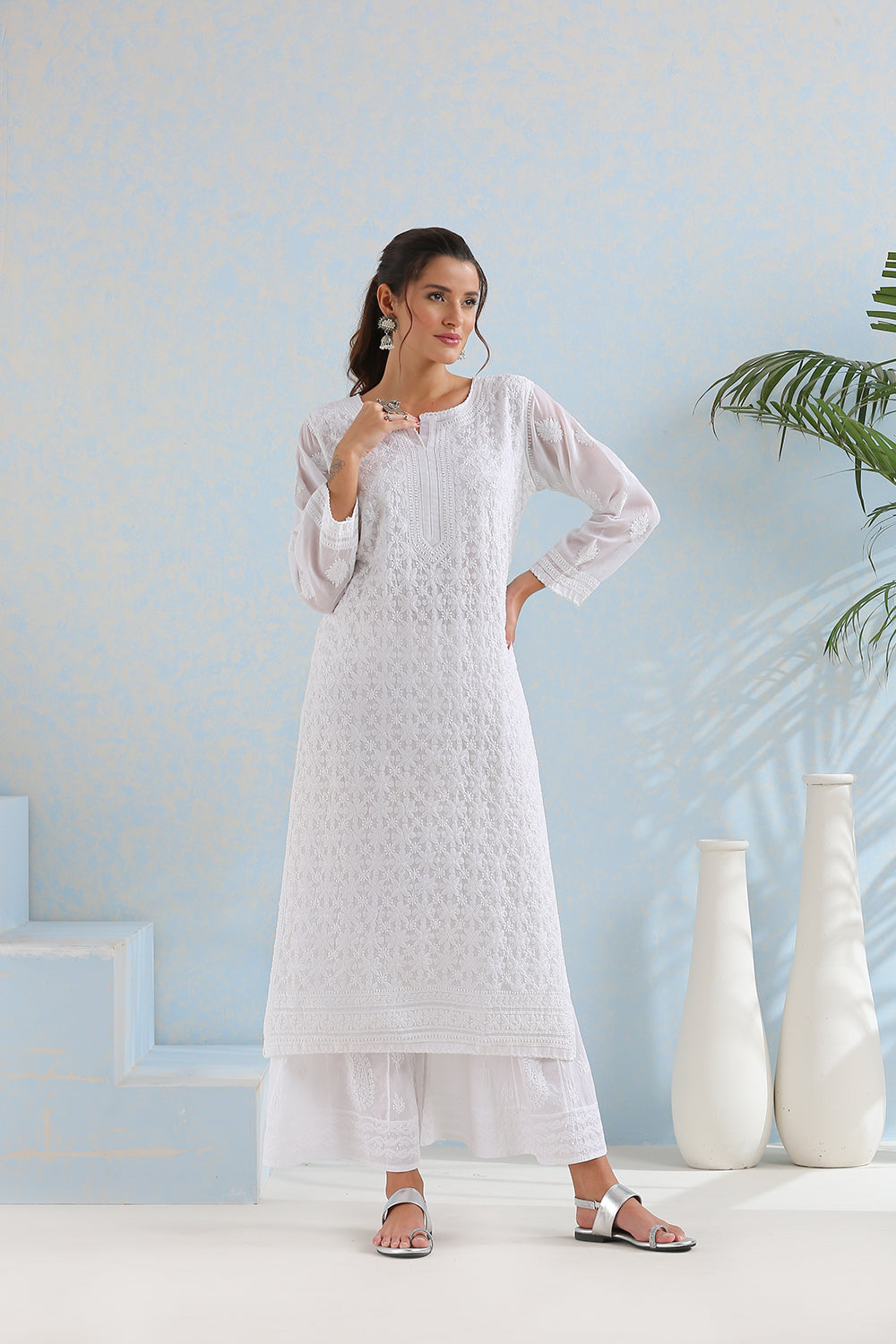 White Chikankari Mul Cotton Hand Embroidered Kurta with Slip - Set of 2