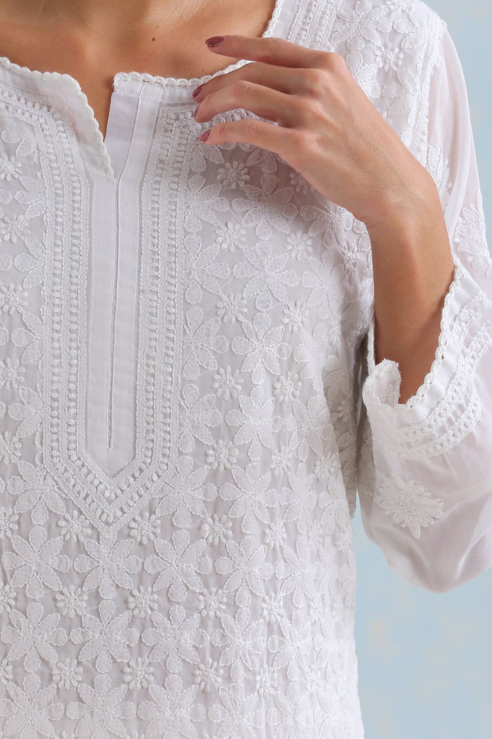 White Chikankari Mul Cotton Hand Embroidered Kurta with Slip - Set of 2