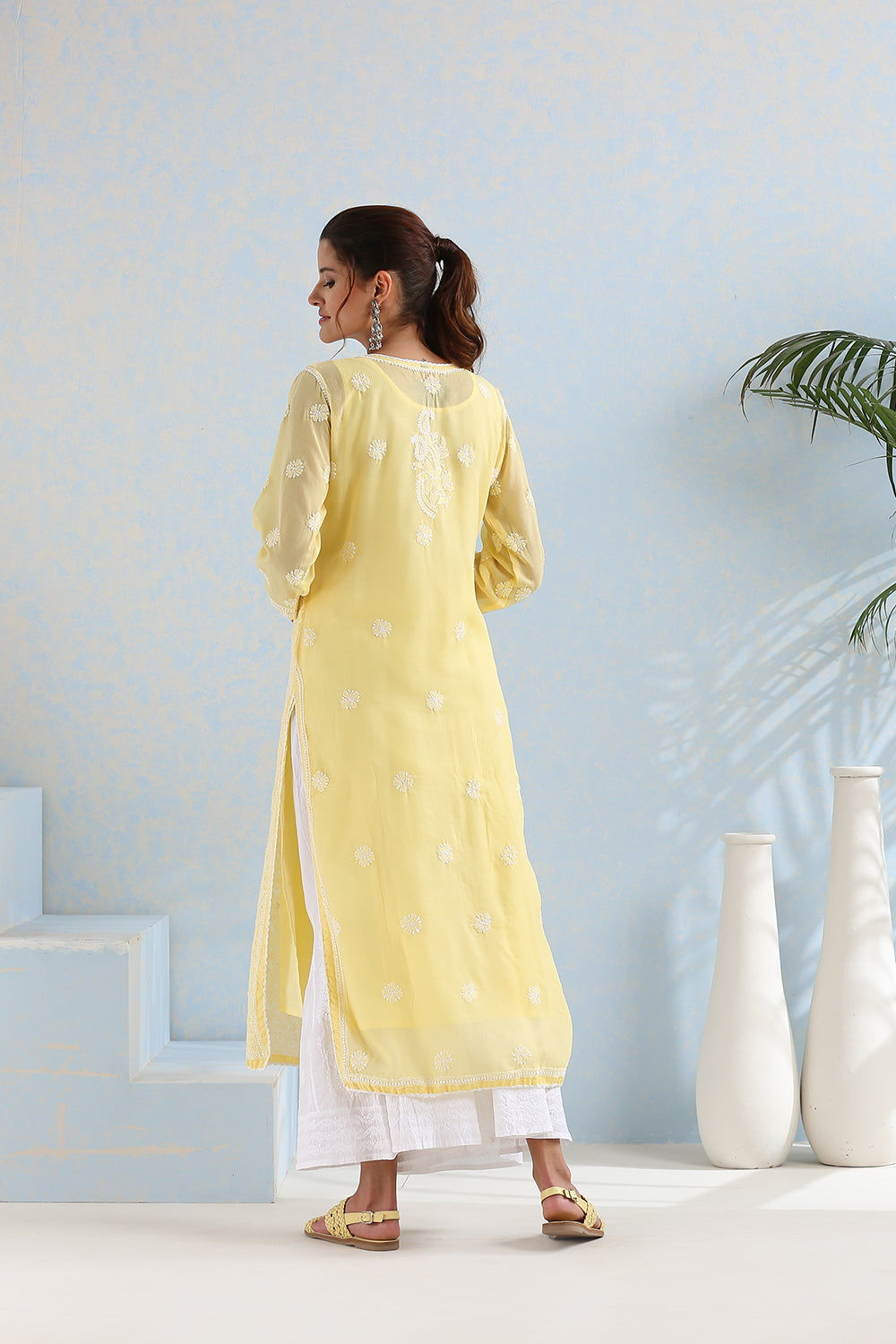 Yellow Chikankari Mul Cotton Hand Embroidered Kurta with Slip - Set of 2