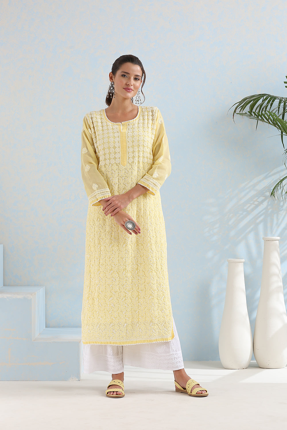 Yellow Chikankari Mul Cotton Hand Embroidered Kurta with Slip - Set of 2