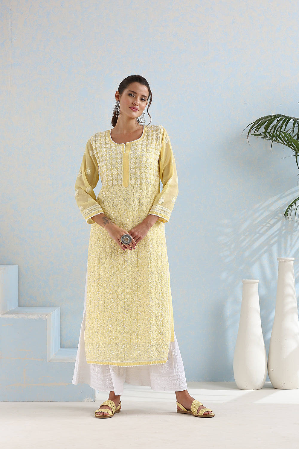 Yellow Chikankari Mul Cotton Hand Embroidered Kurta with Slip - Set of 2