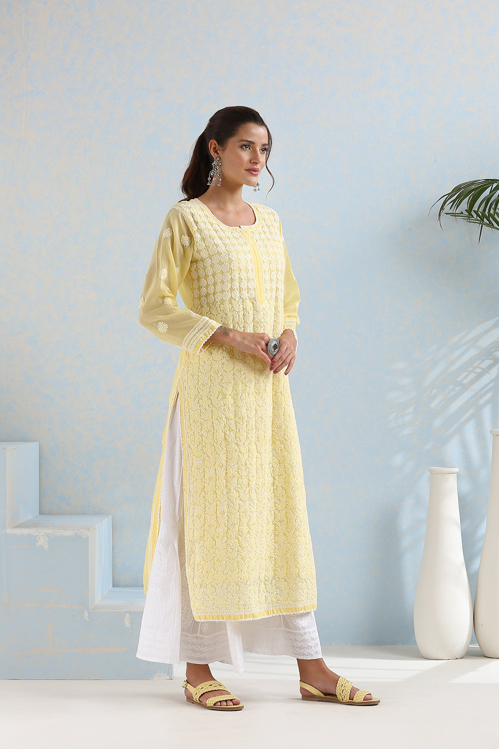 Yellow Chikankari Mul Cotton Hand Embroidered Kurta with Slip - Set of 2