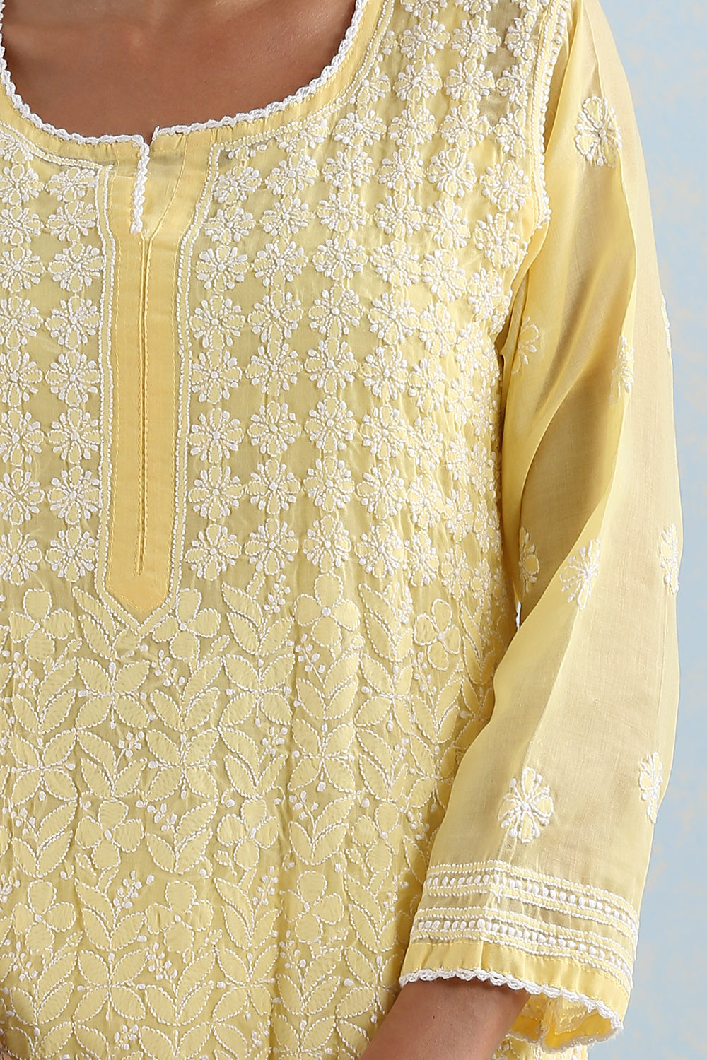 Yellow Chikankari Mul Cotton Hand Embroidered Kurta with Slip - Set of 2