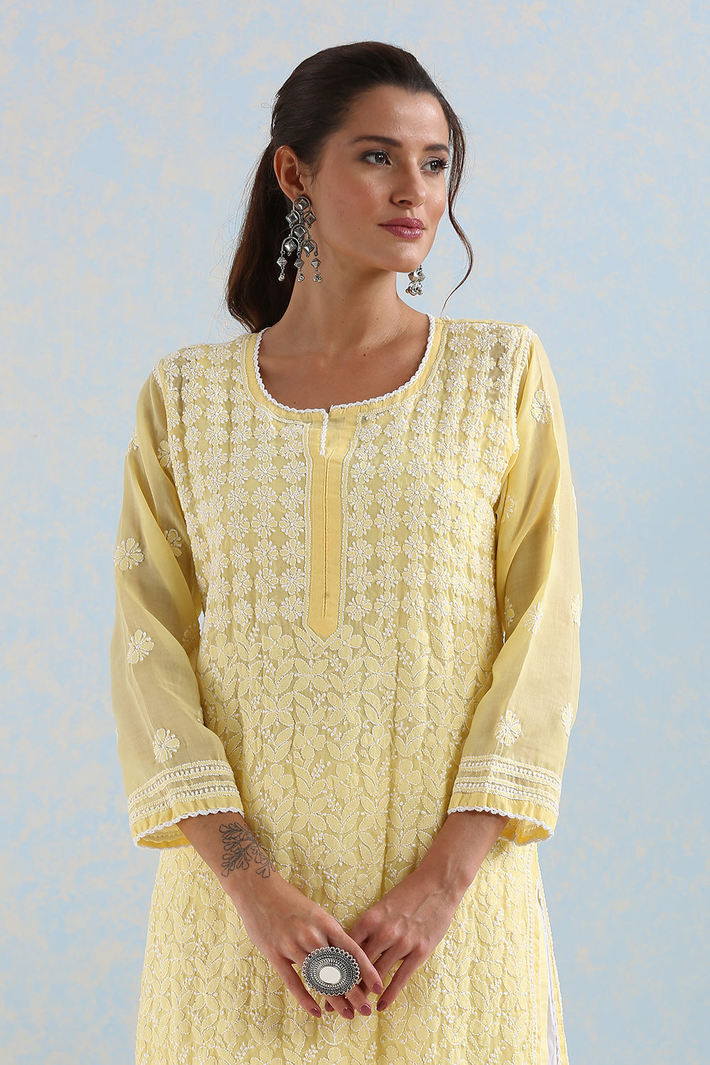Yellow Chikankari Mul Cotton Hand Embroidered Kurta with Slip - Set of 2
