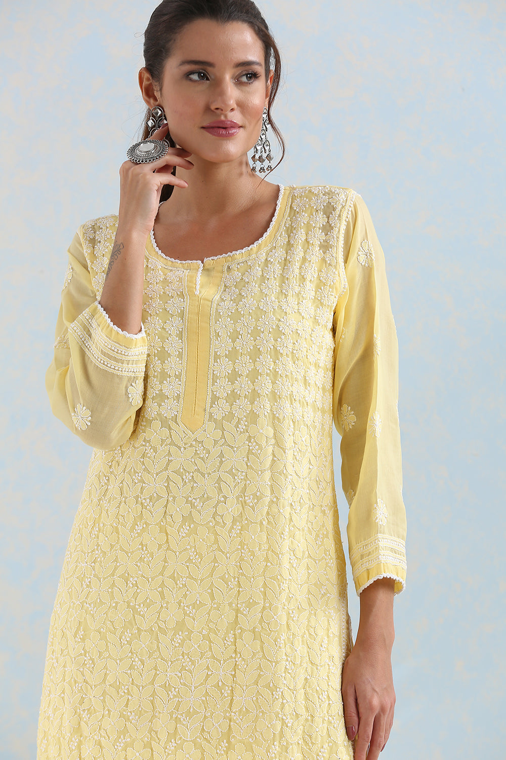 Yellow Chikankari Mul Cotton Hand Embroidered Kurta with Slip - Set of 2