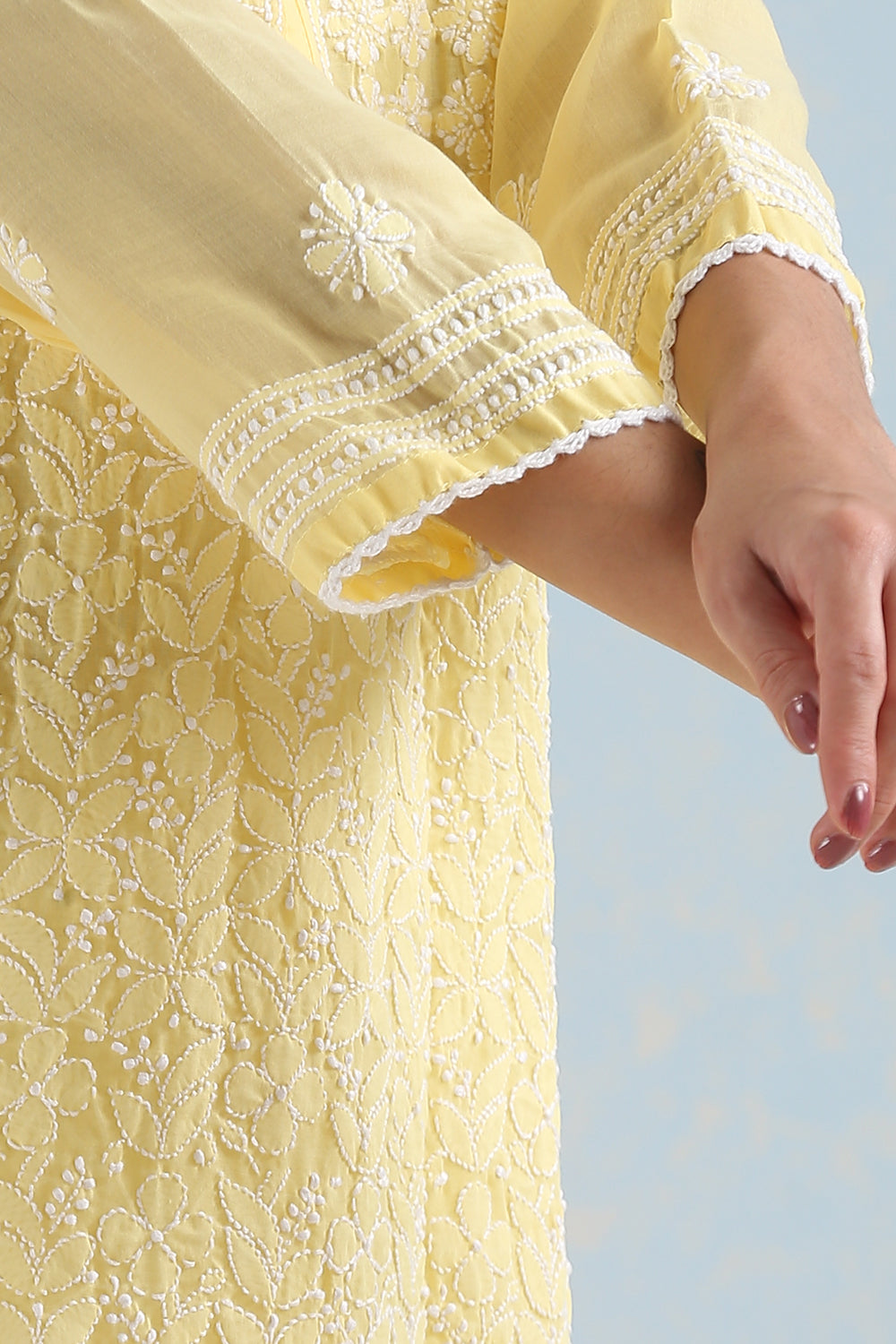 Yellow Chikankari Mul Cotton Hand Embroidered Kurta with Slip - Set of 2